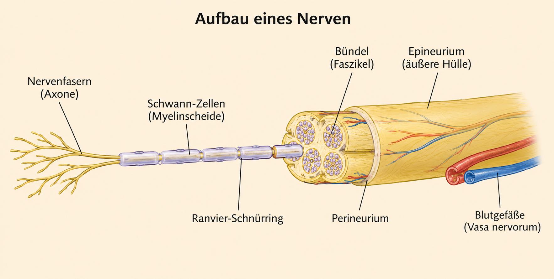 Aufbau eines Nerven mit Beschriftung